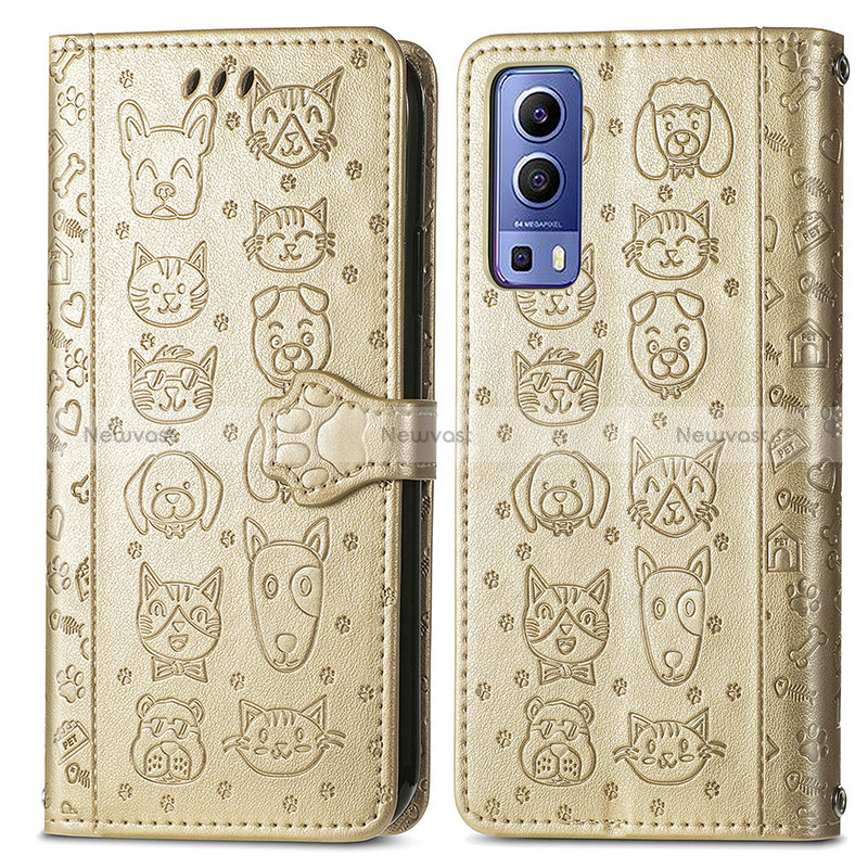 Leather Case Stands Fashionable Pattern Flip Cover Holder S03D for Vivo iQOO Z3 5G Gold