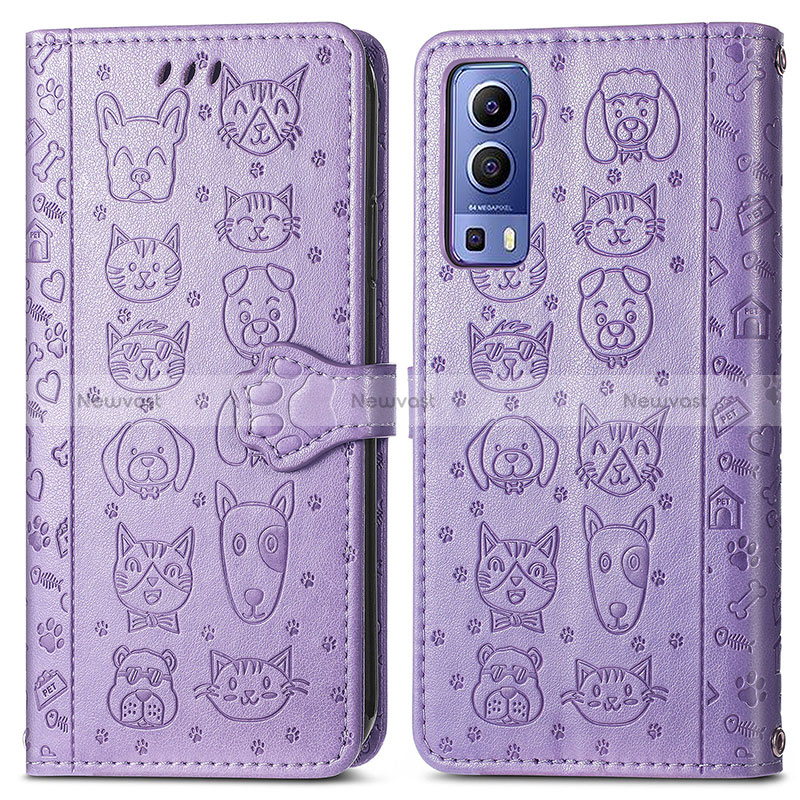 Leather Case Stands Fashionable Pattern Flip Cover Holder S03D for Vivo iQOO Z3 5G Purple