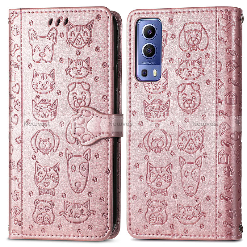 Leather Case Stands Fashionable Pattern Flip Cover Holder S03D for Vivo iQOO Z3 5G Rose Gold