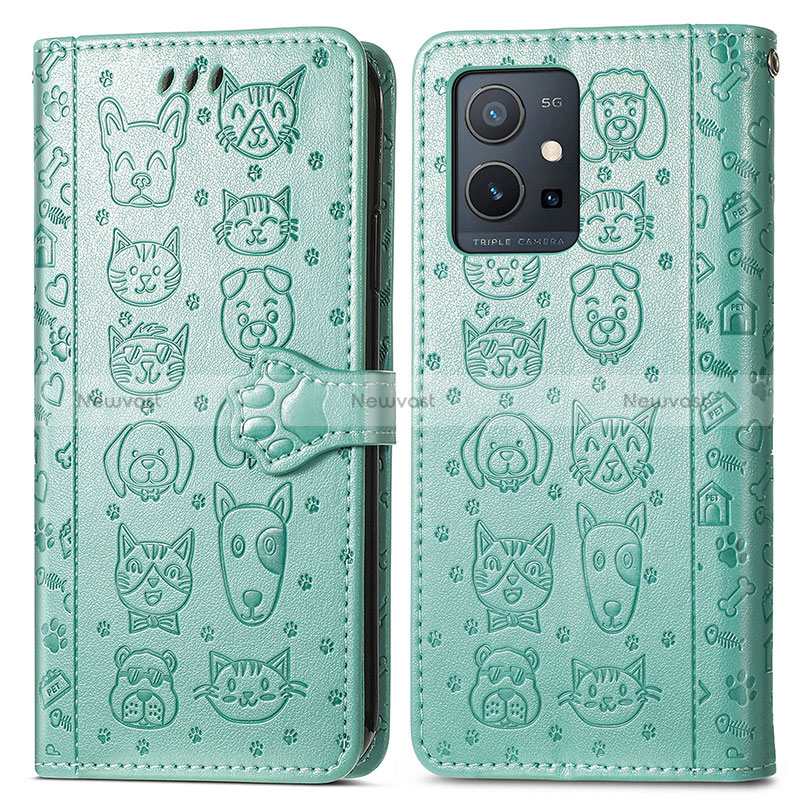 Leather Case Stands Fashionable Pattern Flip Cover Holder S03D for Vivo iQOO Z6 5G Green