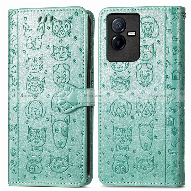 Leather Case Stands Fashionable Pattern Flip Cover Holder S03D for Vivo iQOO Z6x Green
