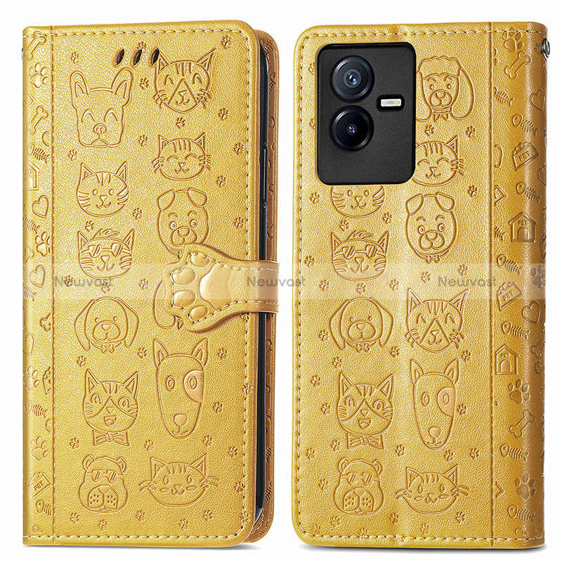 Leather Case Stands Fashionable Pattern Flip Cover Holder S03D for Vivo iQOO Z6x Yellow