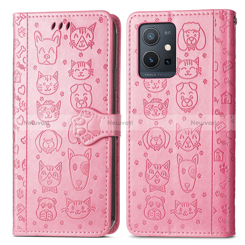 Leather Case Stands Fashionable Pattern Flip Cover Holder S03D for Vivo T1 5G India Pink