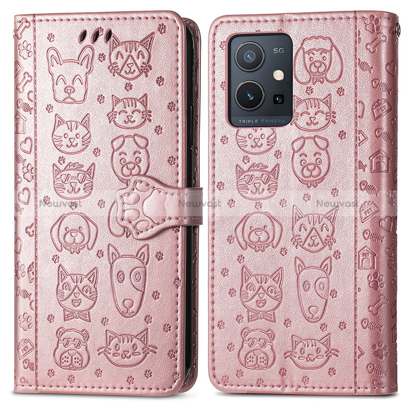 Leather Case Stands Fashionable Pattern Flip Cover Holder S03D for Vivo T1 5G India Rose Gold