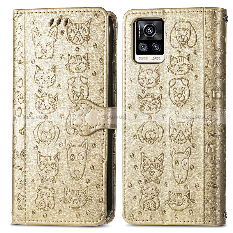 Leather Case Stands Fashionable Pattern Flip Cover Holder S03D for Vivo V20 (2021) Gold