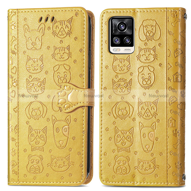 Leather Case Stands Fashionable Pattern Flip Cover Holder S03D for Vivo V20 (2021) Yellow