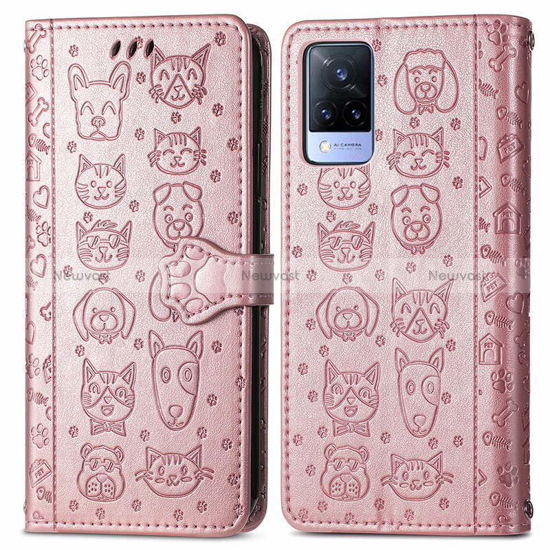 Leather Case Stands Fashionable Pattern Flip Cover Holder S03D for Vivo V21 5G Rose Gold