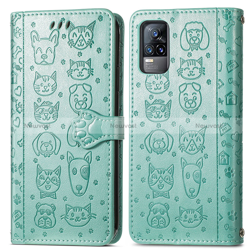 Leather Case Stands Fashionable Pattern Flip Cover Holder S03D for Vivo V21e 4G Green