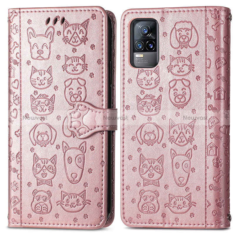 Leather Case Stands Fashionable Pattern Flip Cover Holder S03D for Vivo V21e 4G Rose Gold