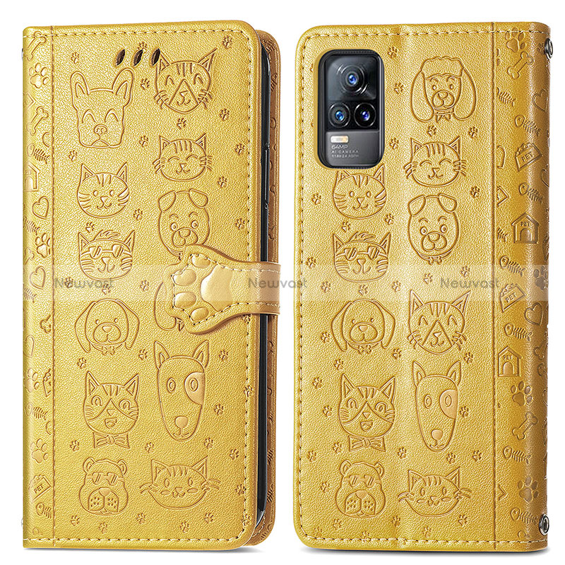 Leather Case Stands Fashionable Pattern Flip Cover Holder S03D for Vivo V21e 4G Yellow