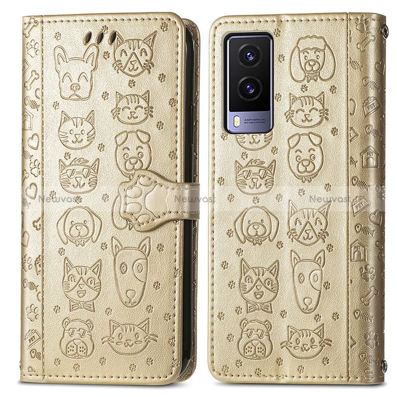 Leather Case Stands Fashionable Pattern Flip Cover Holder S03D for Vivo V21e 5G Gold