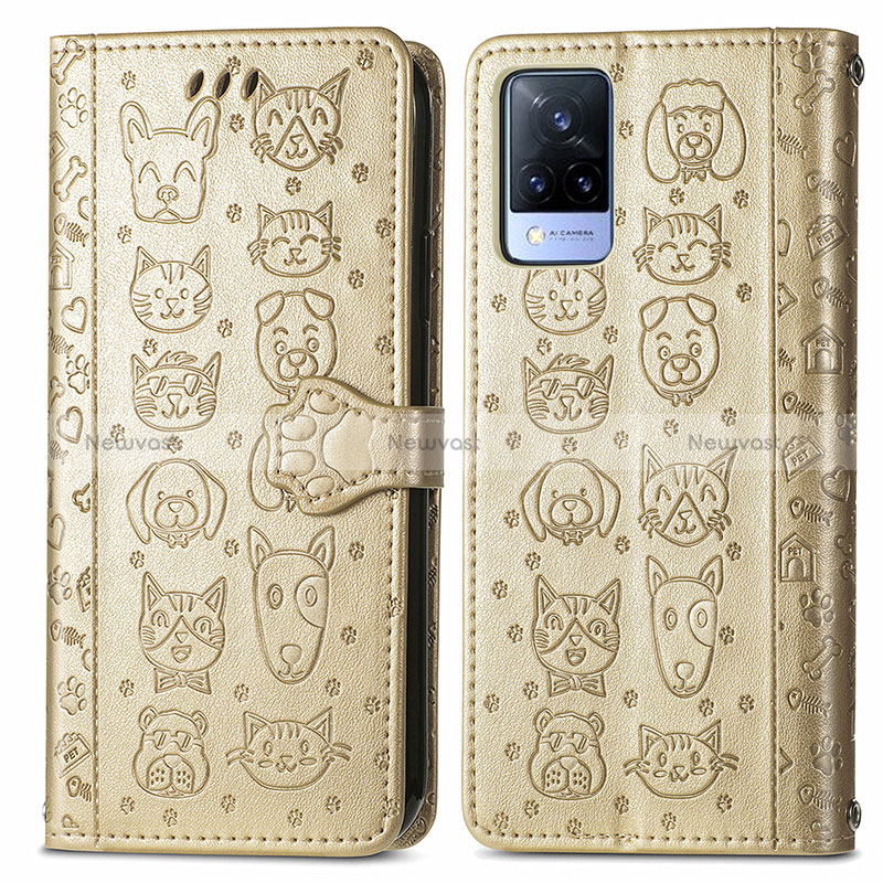 Leather Case Stands Fashionable Pattern Flip Cover Holder S03D for Vivo V21s 5G Gold