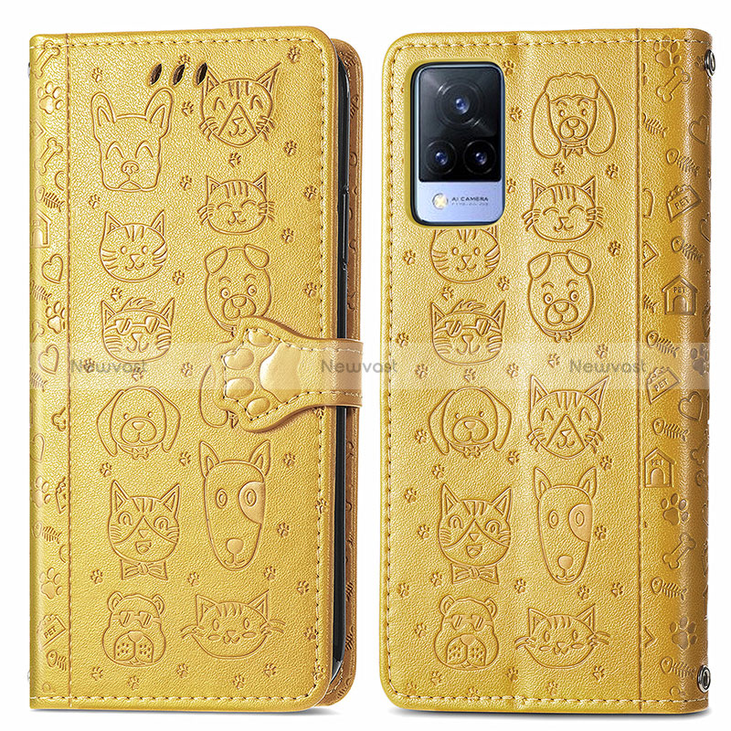 Leather Case Stands Fashionable Pattern Flip Cover Holder S03D for Vivo V21s 5G Yellow