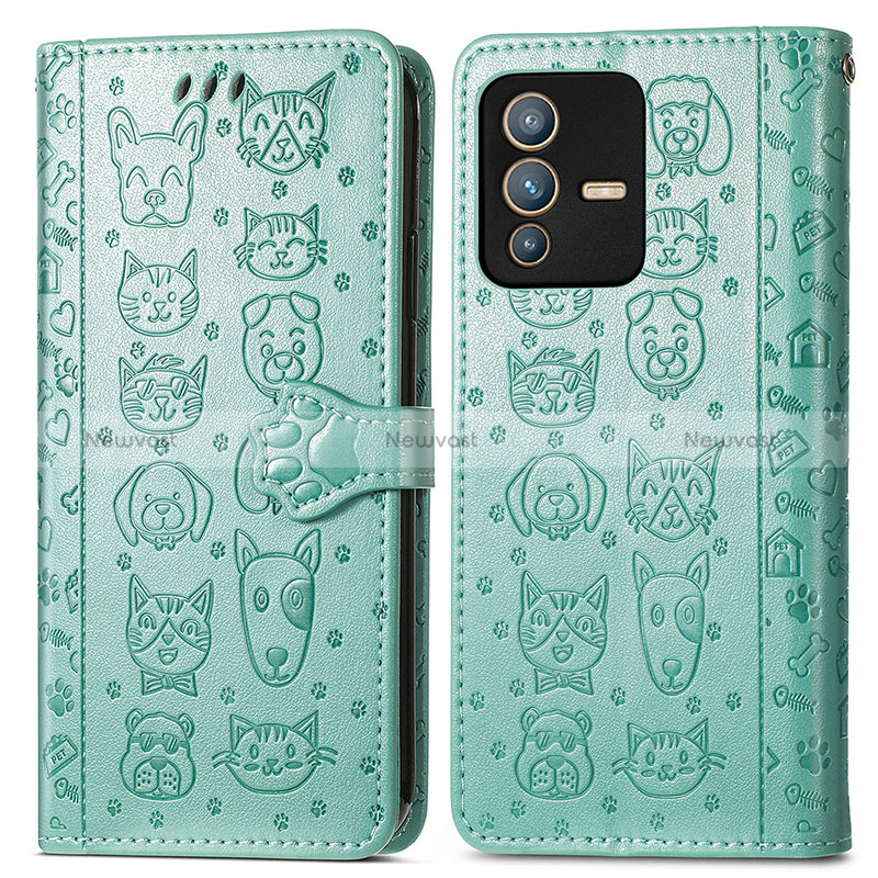 Leather Case Stands Fashionable Pattern Flip Cover Holder S03D for Vivo V23 5G Green