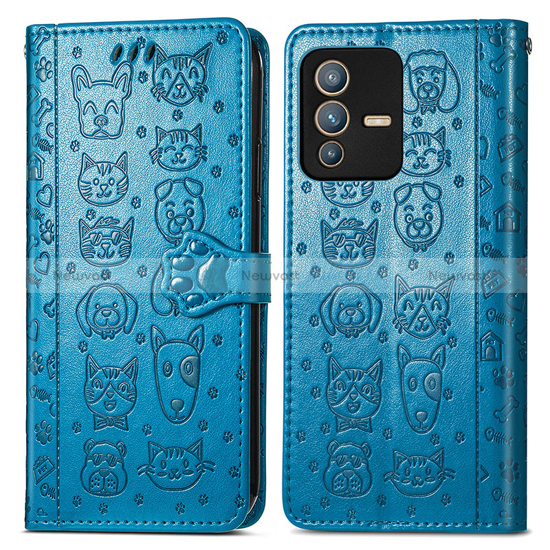 Leather Case Stands Fashionable Pattern Flip Cover Holder S03D for Vivo V23 Pro 5G Blue