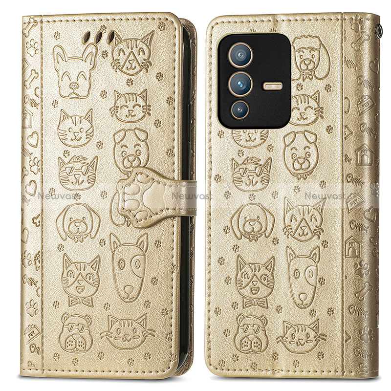 Leather Case Stands Fashionable Pattern Flip Cover Holder S03D for Vivo V23 Pro 5G Gold