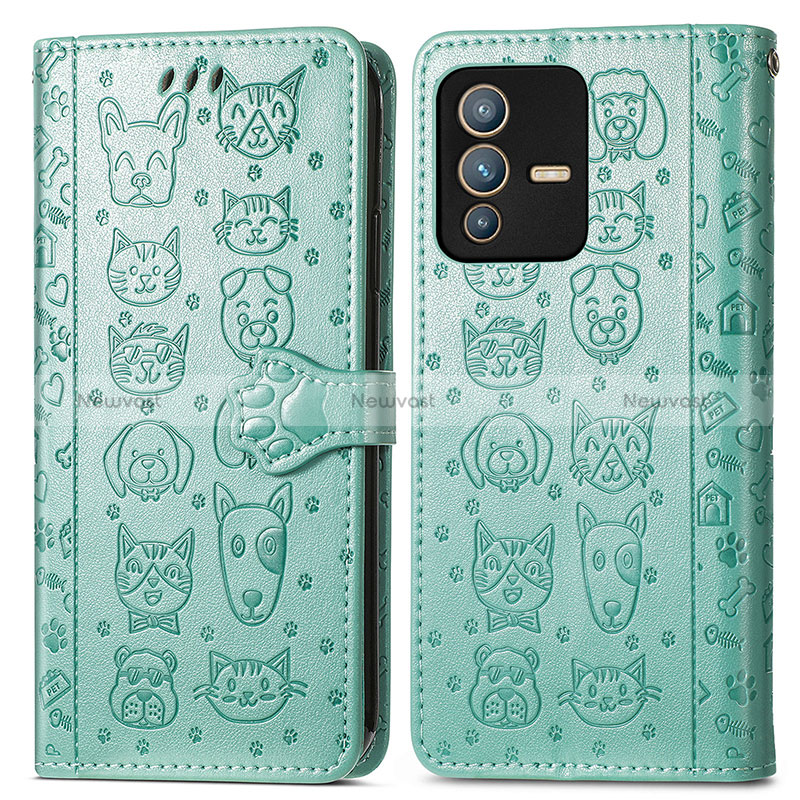 Leather Case Stands Fashionable Pattern Flip Cover Holder S03D for Vivo V23 Pro 5G Green