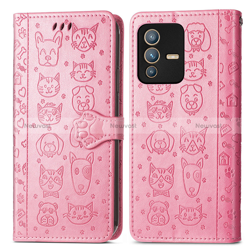 Leather Case Stands Fashionable Pattern Flip Cover Holder S03D for Vivo V23 Pro 5G Pink