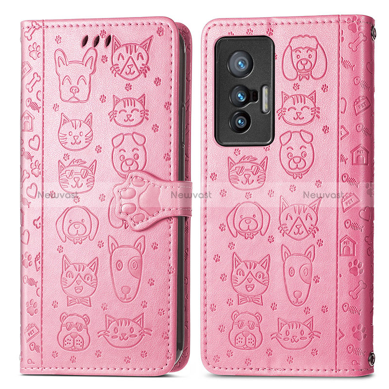 Leather Case Stands Fashionable Pattern Flip Cover Holder S03D for Vivo X70 5G Pink