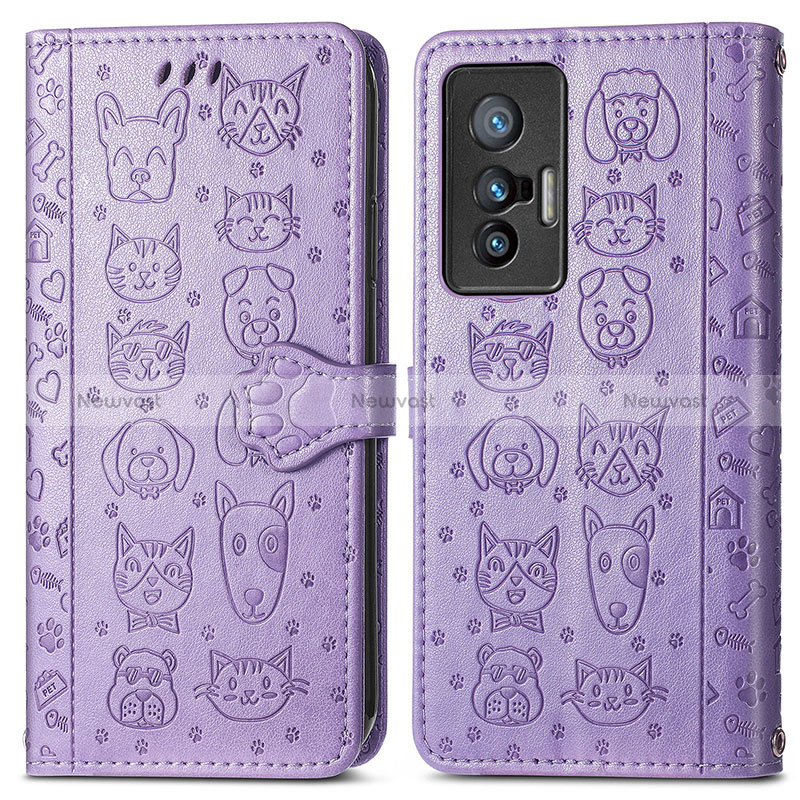 Leather Case Stands Fashionable Pattern Flip Cover Holder S03D for Vivo X70 5G Purple