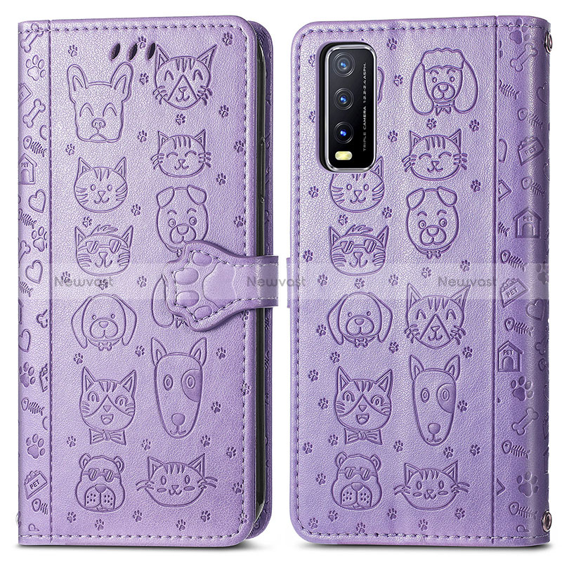 Leather Case Stands Fashionable Pattern Flip Cover Holder S03D for Vivo Y11s Purple