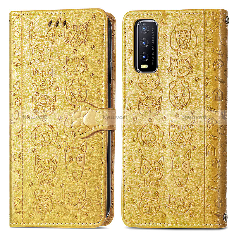 Leather Case Stands Fashionable Pattern Flip Cover Holder S03D for Vivo Y12G Yellow