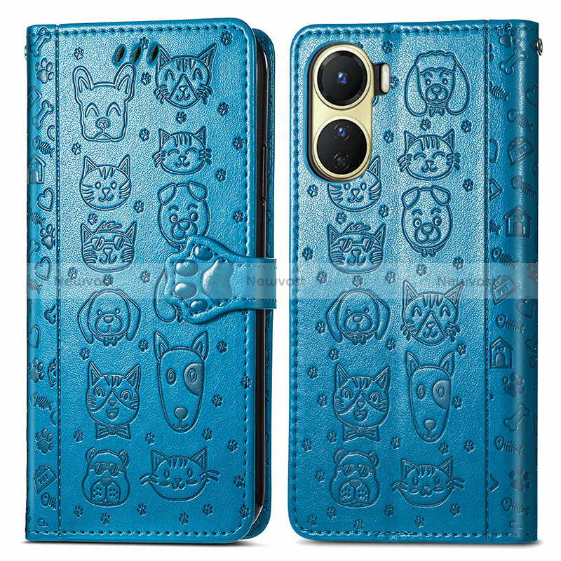 Leather Case Stands Fashionable Pattern Flip Cover Holder S03D for Vivo Y16 Blue