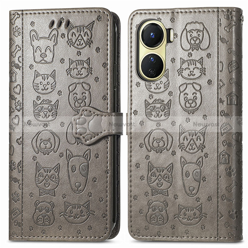 Leather Case Stands Fashionable Pattern Flip Cover Holder S03D for Vivo Y16 Gray