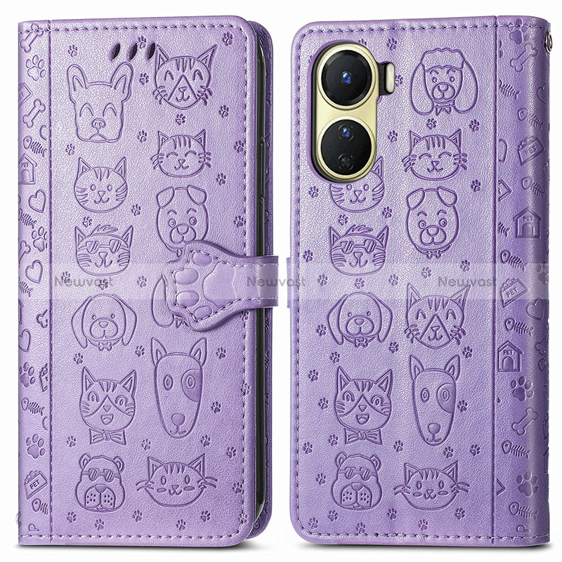 Leather Case Stands Fashionable Pattern Flip Cover Holder S03D for Vivo Y16 Purple