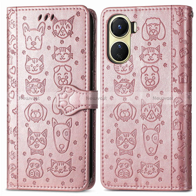 Leather Case Stands Fashionable Pattern Flip Cover Holder S03D for Vivo Y16 Rose Gold