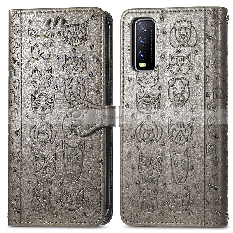 Leather Case Stands Fashionable Pattern Flip Cover Holder S03D for Vivo Y20G Gray