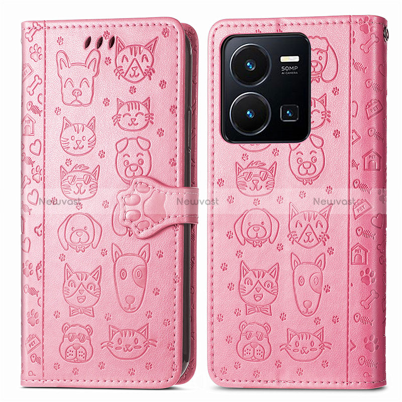 Leather Case Stands Fashionable Pattern Flip Cover Holder S03D for Vivo Y35 4G Pink