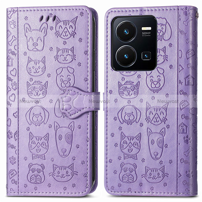 Leather Case Stands Fashionable Pattern Flip Cover Holder S03D for Vivo Y35 4G Purple