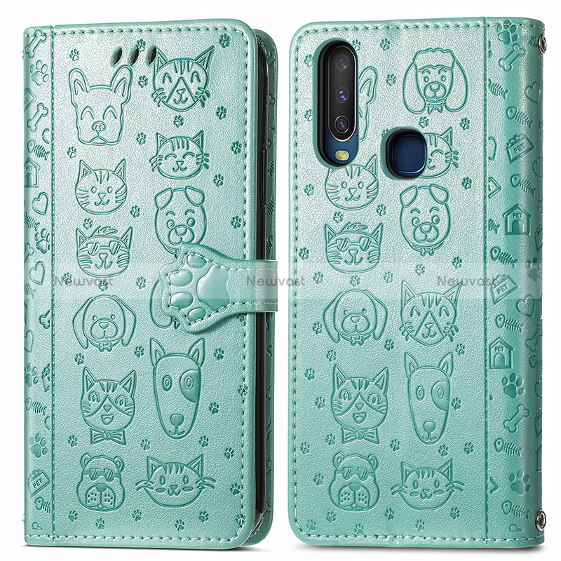 Leather Case Stands Fashionable Pattern Flip Cover Holder S03D for Vivo Y3s Green