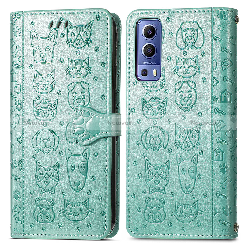 Leather Case Stands Fashionable Pattern Flip Cover Holder S03D for Vivo Y52 5G Green