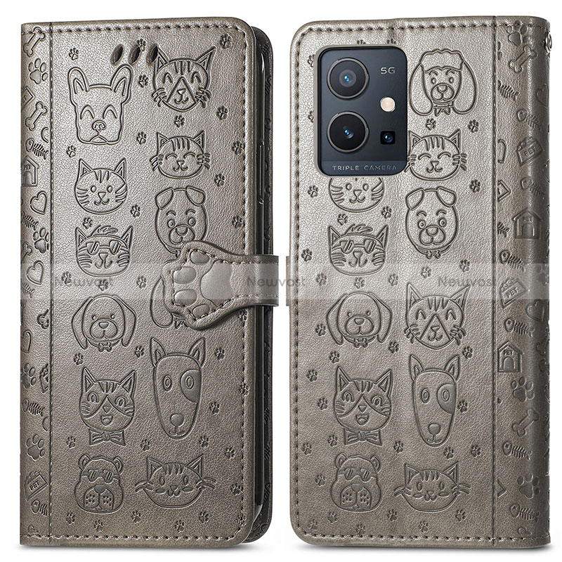 Leather Case Stands Fashionable Pattern Flip Cover Holder S03D for Vivo Y75 5G Gray