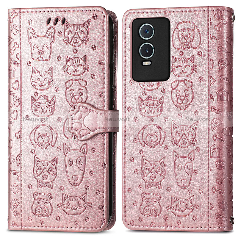 Leather Case Stands Fashionable Pattern Flip Cover Holder S03D for Vivo Y76s 5G Rose Gold