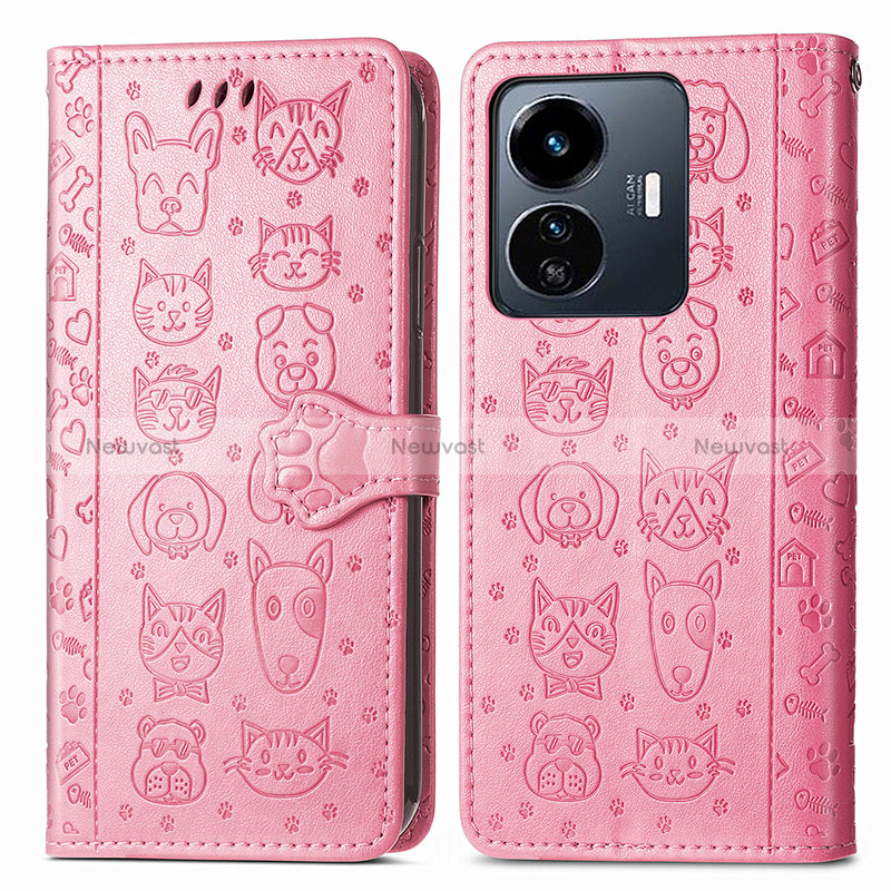 Leather Case Stands Fashionable Pattern Flip Cover Holder S03D for Vivo Y77e 5G Pink