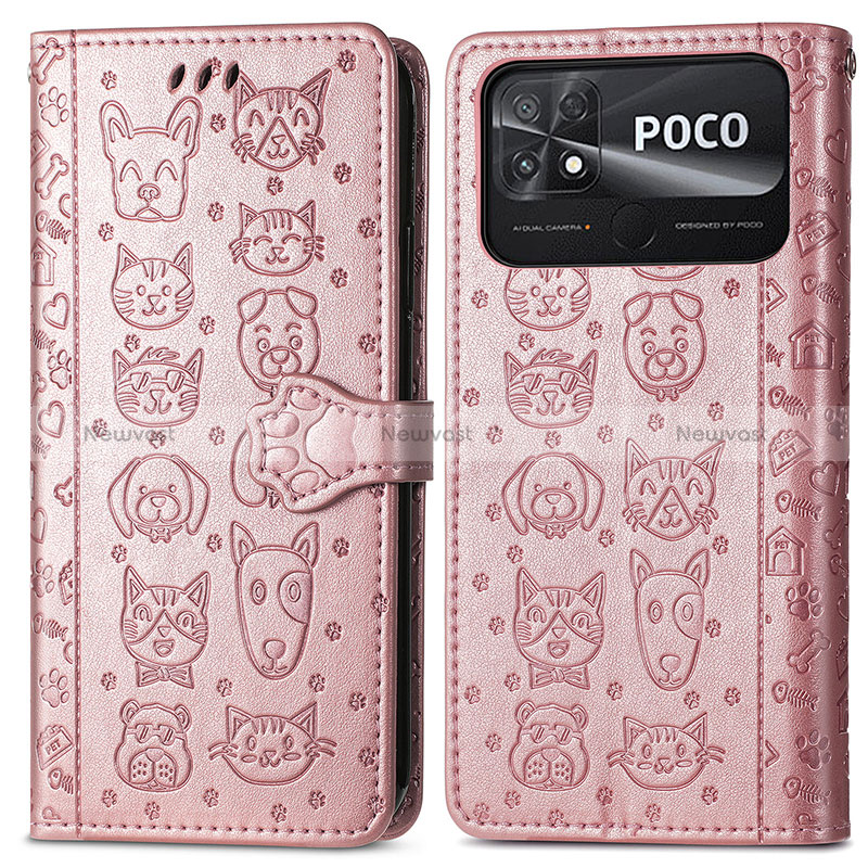 Leather Case Stands Fashionable Pattern Flip Cover Holder S03D for Xiaomi Poco C40 Rose Gold