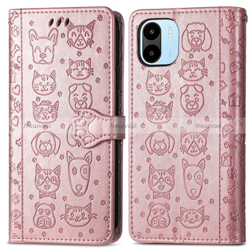 Leather Case Stands Fashionable Pattern Flip Cover Holder S03D for Xiaomi Poco C51 Rose Gold