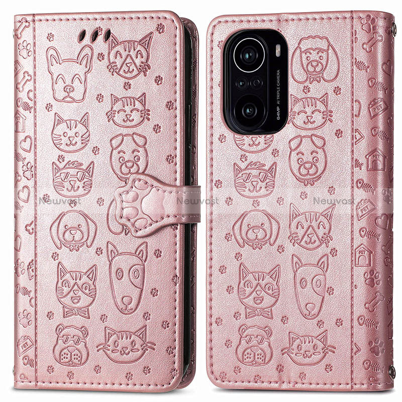 Leather Case Stands Fashionable Pattern Flip Cover Holder S03D for Xiaomi Poco F3 5G Rose Gold