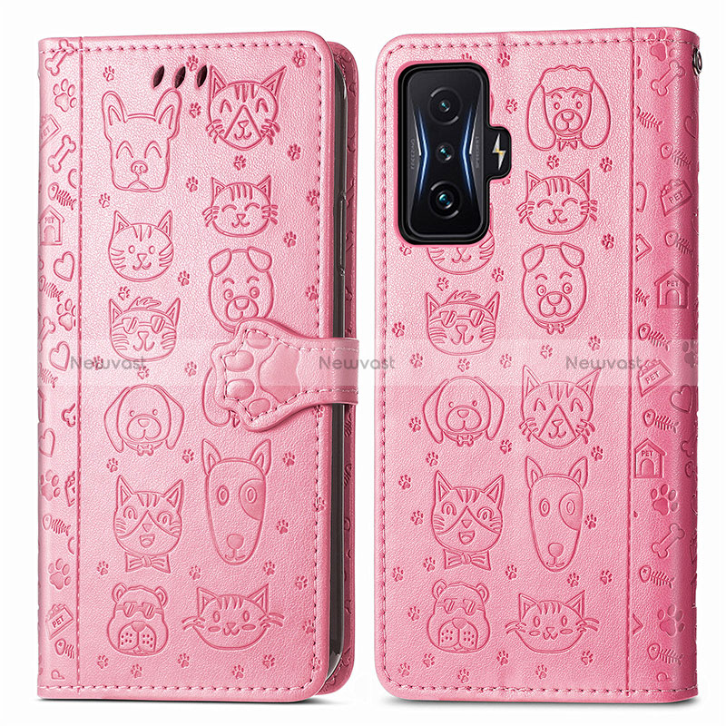 Leather Case Stands Fashionable Pattern Flip Cover Holder S03D for Xiaomi Poco F4 GT 5G Pink