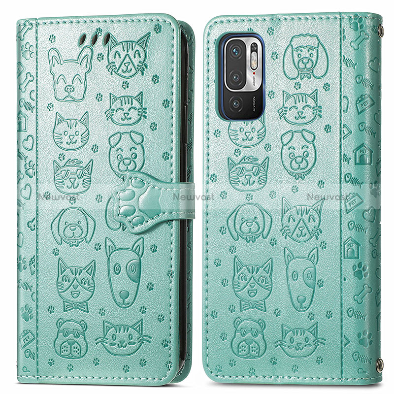 Leather Case Stands Fashionable Pattern Flip Cover Holder S03D for Xiaomi POCO M3 Pro 5G Green