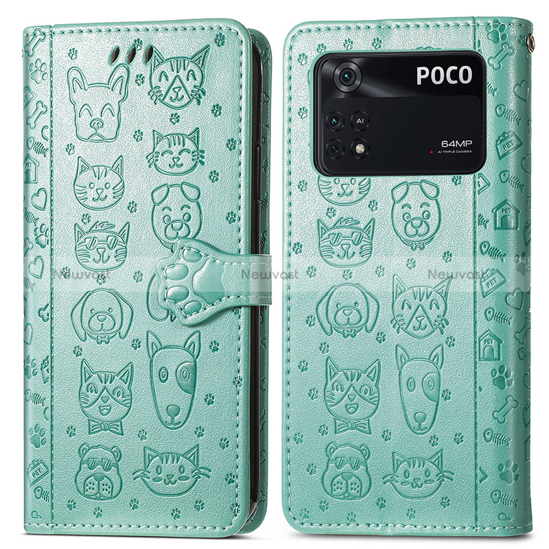 Leather Case Stands Fashionable Pattern Flip Cover Holder S03D for Xiaomi Poco M4 Pro 4G Green