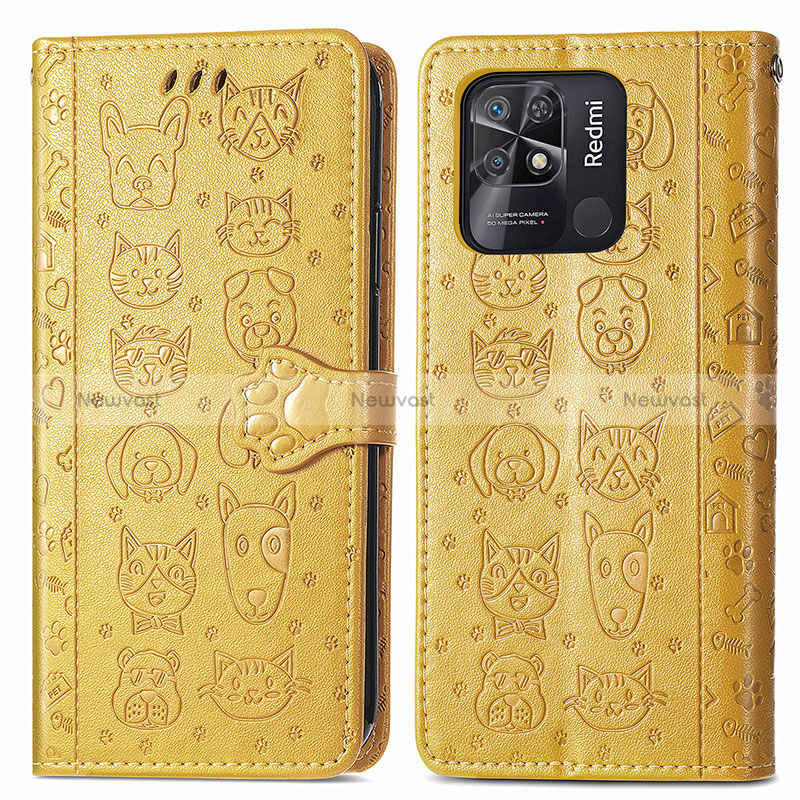 Leather Case Stands Fashionable Pattern Flip Cover Holder S03D for Xiaomi Redmi 10C 4G Yellow