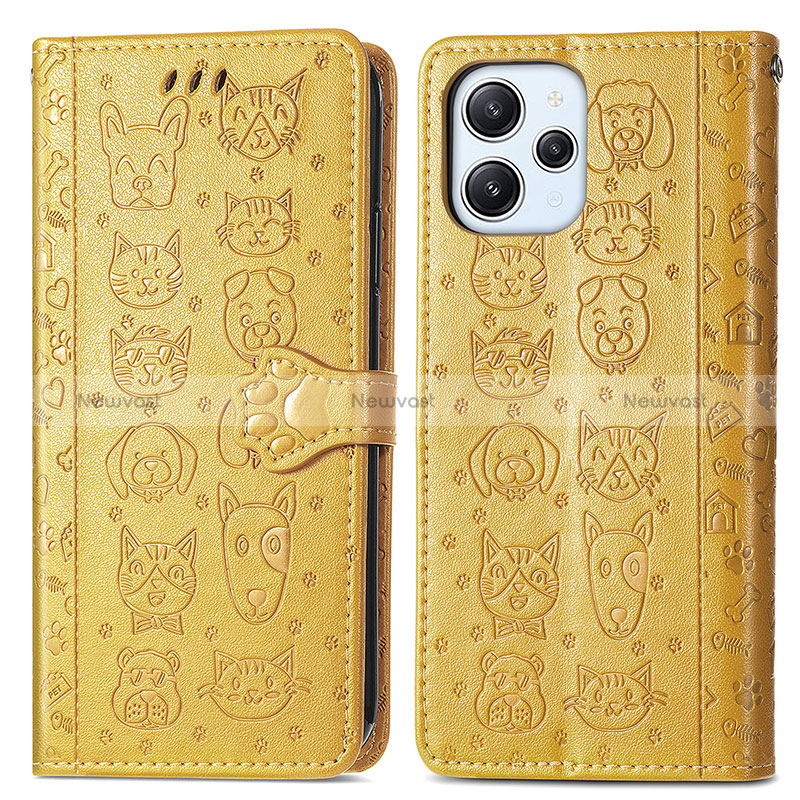 Leather Case Stands Fashionable Pattern Flip Cover Holder S03D for Xiaomi Redmi 12 4G Yellow