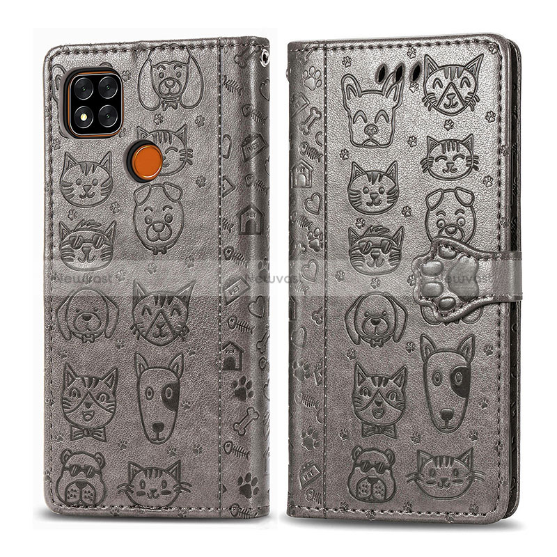 Leather Case Stands Fashionable Pattern Flip Cover Holder S03D for Xiaomi Redmi 9 India Gray