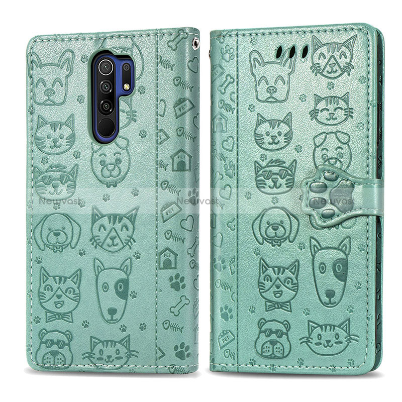 Leather Case Stands Fashionable Pattern Flip Cover Holder S03D for Xiaomi Redmi 9 Prime India Green