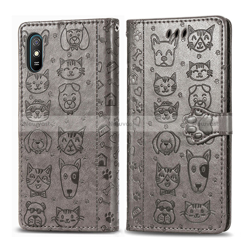 Leather Case Stands Fashionable Pattern Flip Cover Holder S03D for Xiaomi Redmi 9A Gray