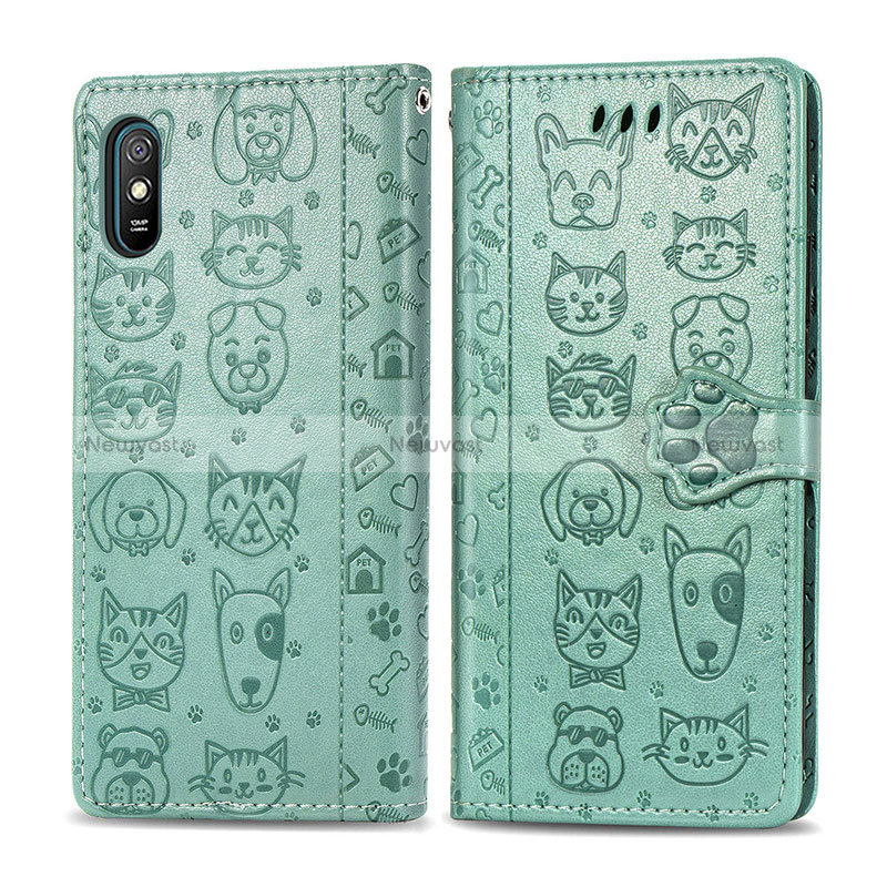 Leather Case Stands Fashionable Pattern Flip Cover Holder S03D for Xiaomi Redmi 9A Green